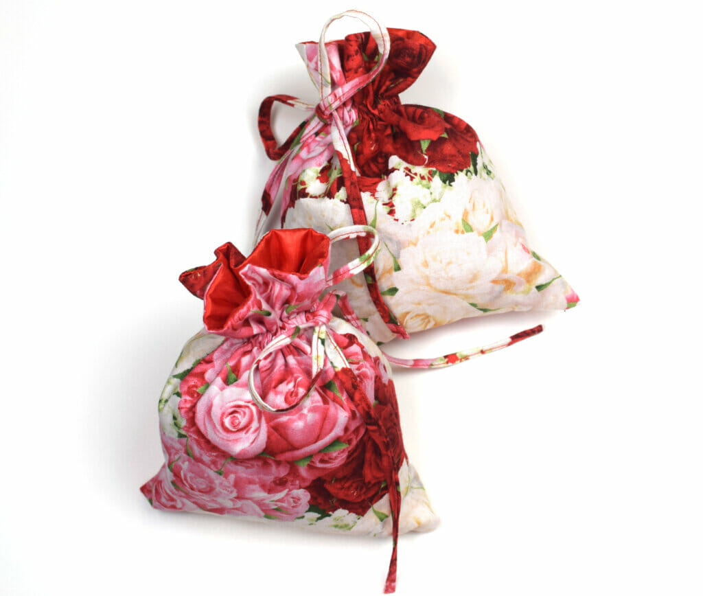 lined drawstring bags tied with simple bows
