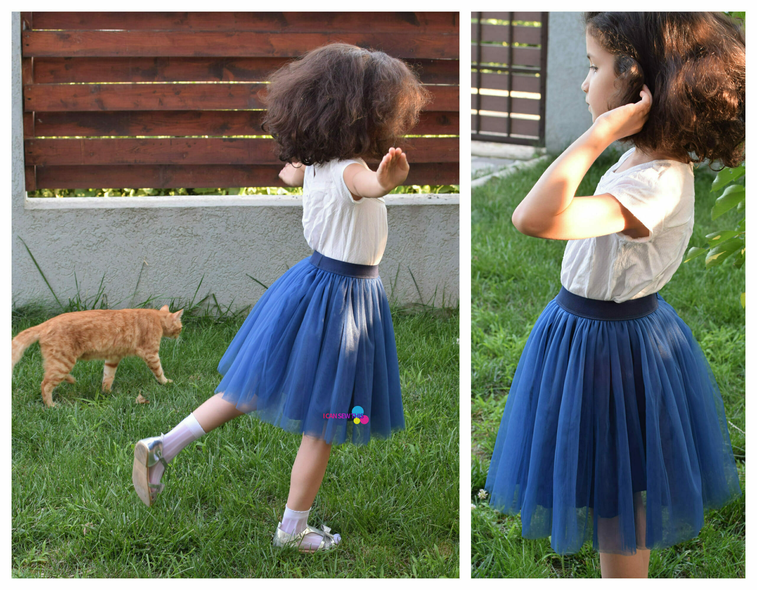 girl wearing a navy tulle skirt in the garden