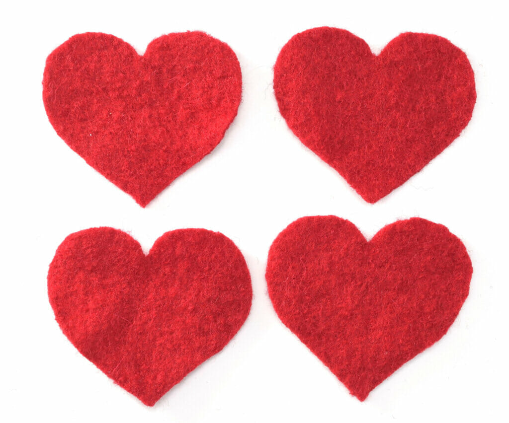 boiled wool hearts, red