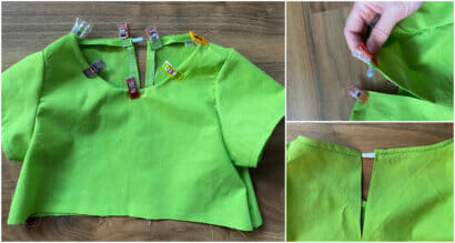 finish the neckline and add a button loop - gathered girls dress 