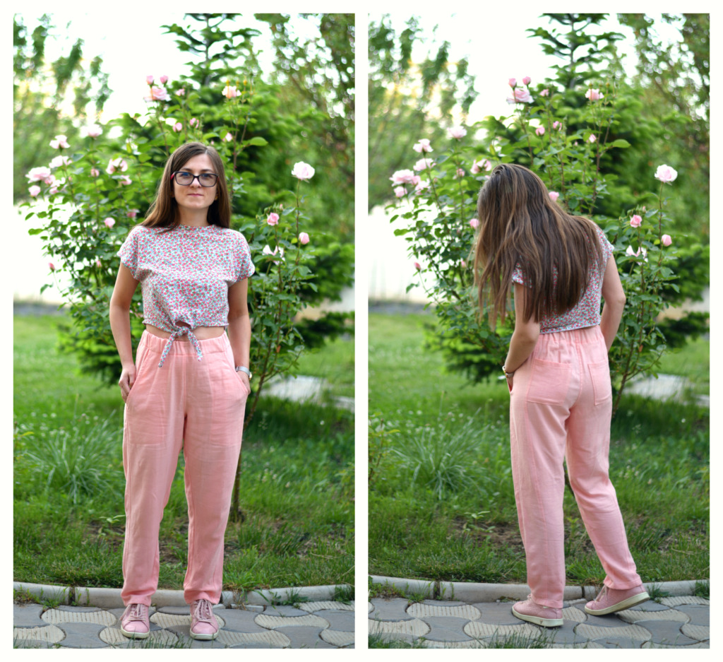 pink linen elastic waist trousers