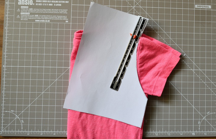 Close-up of a DIY pattern showing a 1.5 inch extension of the armhole curve for a peasant top