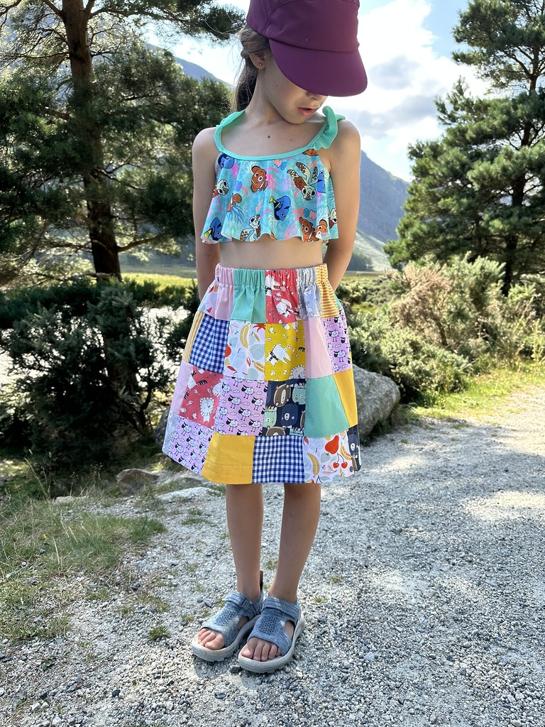 Handmade girls patchwork skirt in bright dopamine dressing colors