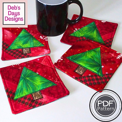Quilted Christmas tree coasters pattern by Debs Days Designs
