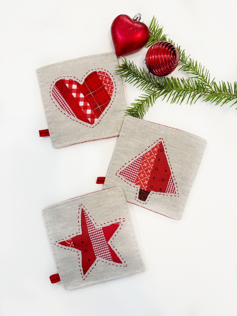 Holiday mug rug pattern: star, heart, tree coaster set by So Very Frankie