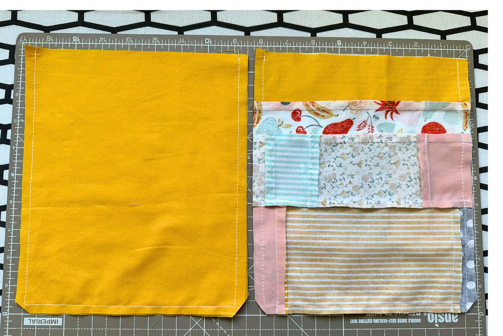 Main fabric pieces and lining sewn along the long sides and bottom with 3/8-inch seam allowance