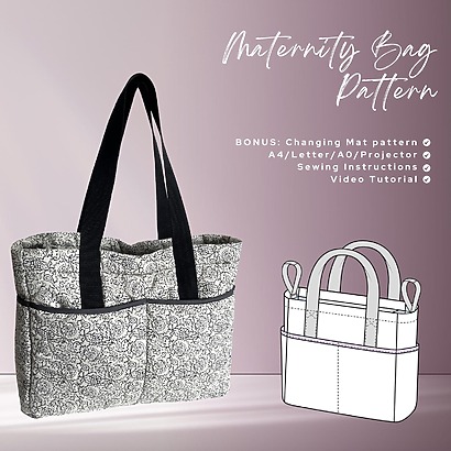 GeorgettePatterns Sunny Bag: A high-capacity quilted diaper bag in a modern neutral print, shown with an adjustable crossbody strap, multiple side pockets, and a matching changing mat