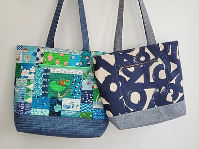RosieTaylorCrafts Terrific Tote: A colorful patchwork quilted tote bag available in three sizes, featuring a front zippered pocket and a sturdy boxed bottom for extra room