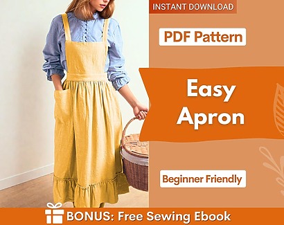 A cottagecore-style apron pinafore with ruffles along the straps and large front pockets in  yellow cotton fabric