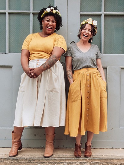 high-waisted Estuary skirts in a linen-cotton blend featuring a button-down front and large patch pockets