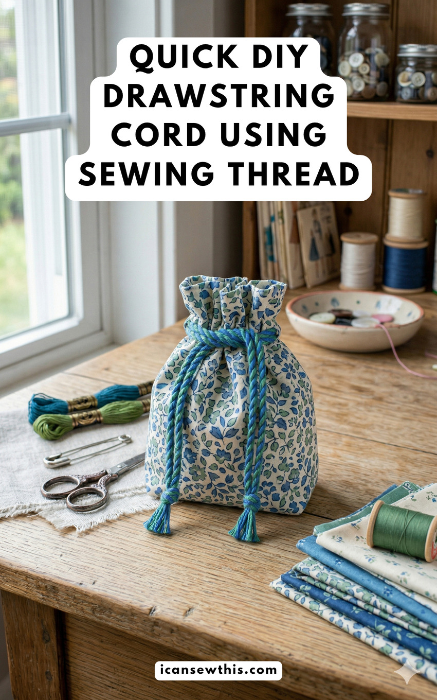 A small drawstring bag made from blue and green floral print cotton fabric, tied with a matching blue and green twisted thread cord. The bag sits on a rustic wooden workbench next to blue and green embroidery floss, a safety pin, and sewing scissors. Background shows a bright window and shelves with vintage sewing patterns