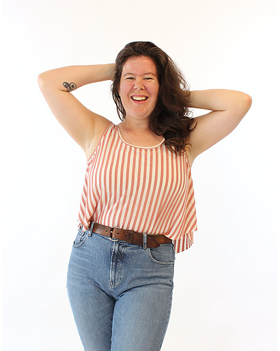 A basic Luna knit tank top in a striped print, showing a clean scooped neckline and professional armhole finish