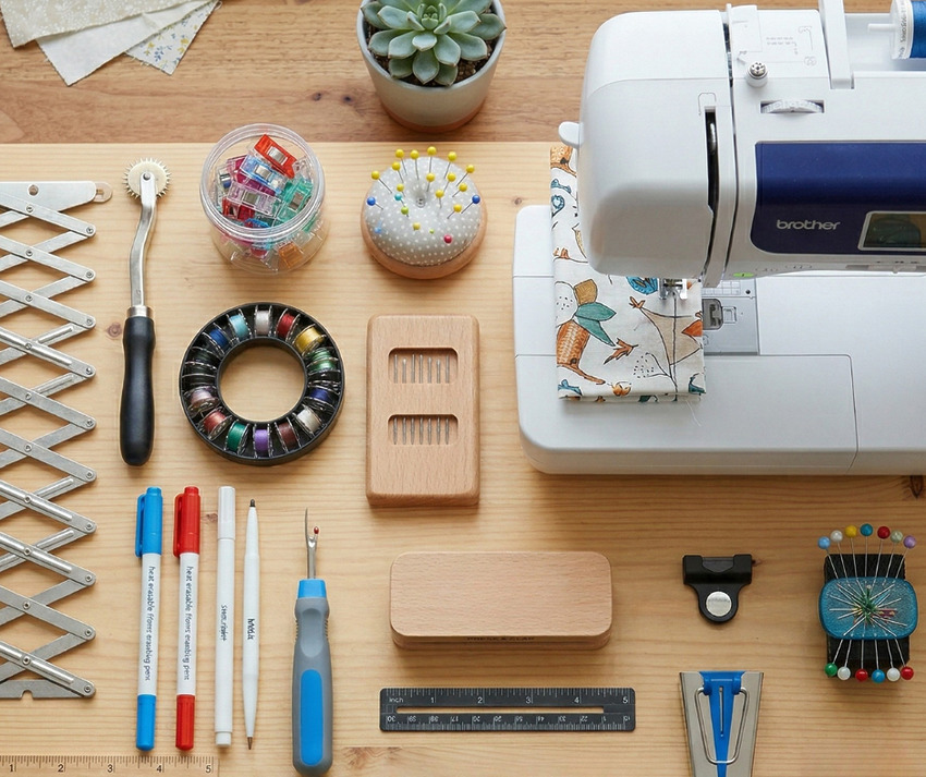 A top-down, square flat-lay of various colorful sewing tools and notions neatly organized on a light wood table next to a white Brother sewing machine. The collection includes an expanding sewing gauge, a tracing wheel, colorful fabric clips, heat-erasable pens, a magnetic seam guide, a purple multi-tool, and a tailor's clapper