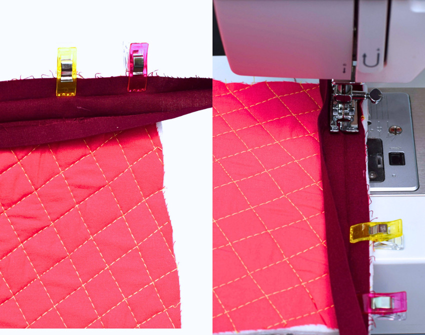 pinning dark purple bias tape to the bottom wrist edge of a quilted pink fabric piece