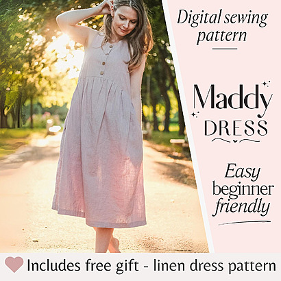 Maddy Dress:

A romantic linen babydoll-style midi dress with a center front button closure, a gathered waistline, short sleeves, and loose functional side pockets.