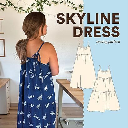 Skyline Dress:

A loose-fitting, tiered summer dress made of lightweight woven linen, featuring thick shoulder straps tied in large bows at the top of the shoulders.