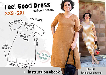 Feel Good Dress:

A minimalist, pull-on shift dress featuring an empire waistline, a mid-depth V-neck, discrete side pockets, and clean lines without closures.