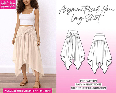 Boho Tie Front Skirt Sewing Pattern
A flowing boho-chic skirt featuring a dramatic asymmetrical handkerchief hemline and a stylish fabric tie-front closure.
