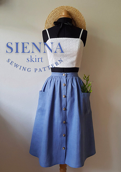 SIENNA skirt PDF Pattern
A button-front midi skirt with a gathered waist, functional front patch pockets, and a comfortable elastic back waistband.