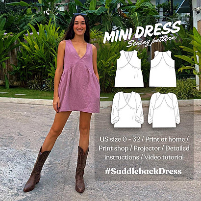 Easy oversized v-neck mini dress PDF pattern with optional sleeves