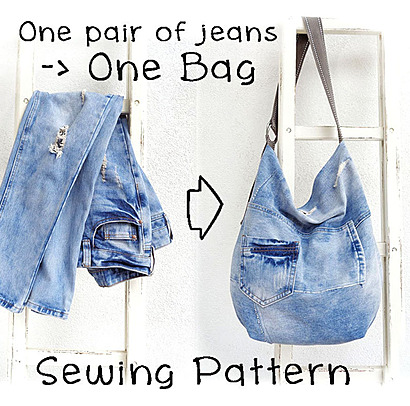 DIY denim slouch bag sewing pattern by BukiBuki