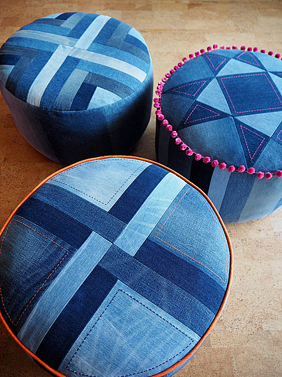 Denim patchwork pouf pattern by StitchandYarnStore