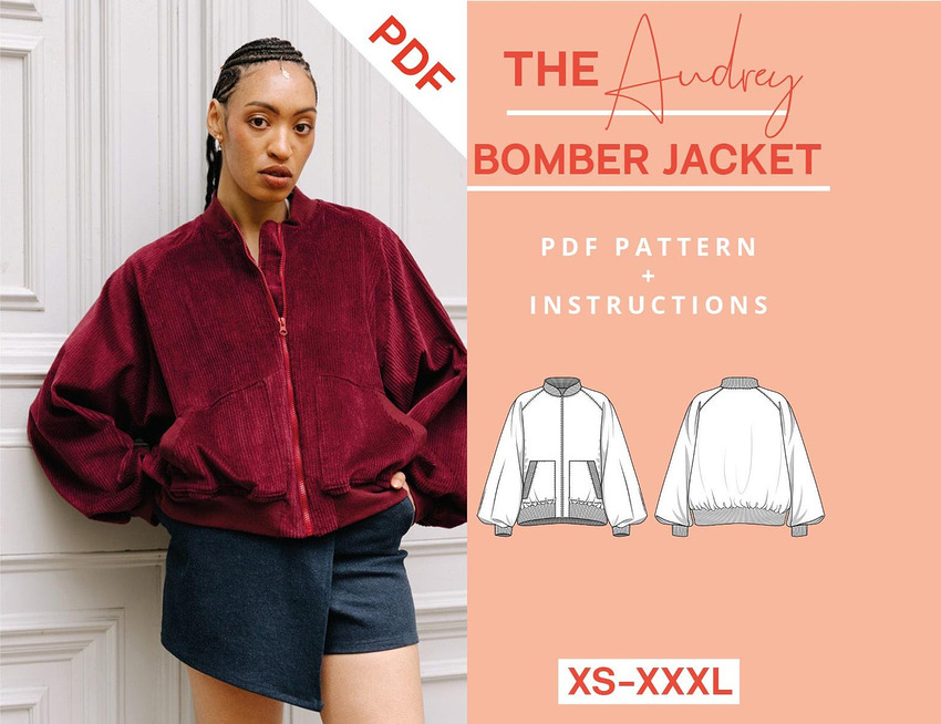 unlined, oversized bomber jacket sewing pattern, sizes XS to XXXL