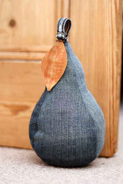 Fabric pear door stops from old jeans by Pillar Box Blue