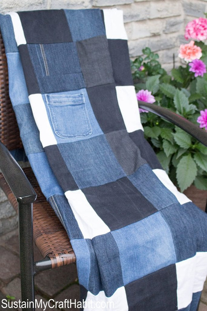DIY repurposed denim checkered picnic blanket by Sustain My Craft Habit