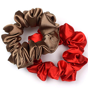 homemade satin scrunchies - brown and red satin fabrics