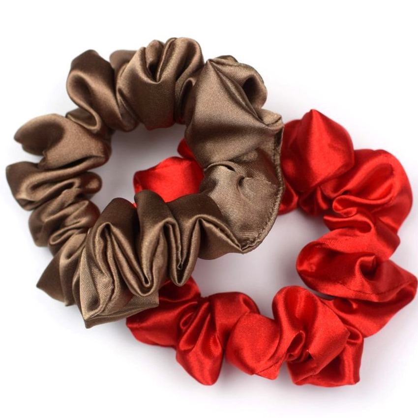 homemade satin scrunchies - brown and red satin fabrics