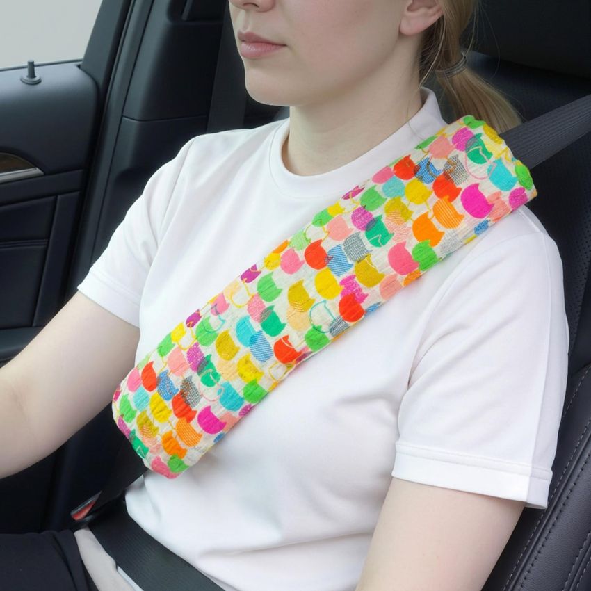 Padded seat belt travel pillow pattern