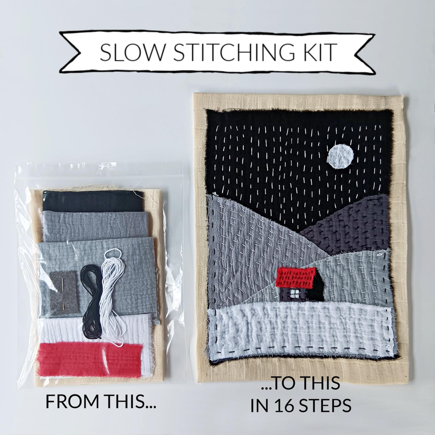 Red roof cabin slow stitch kit by SLOWSTITCHERY